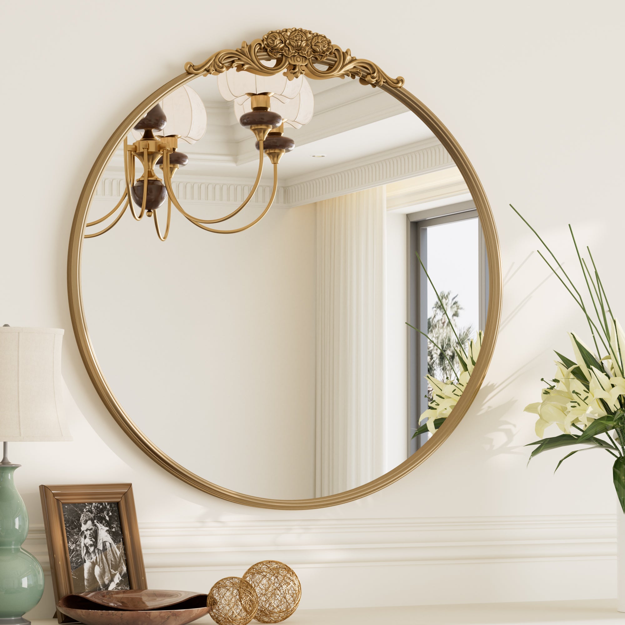 Vintage Gold Round Mirror with Metal Frame – Antique Wall-Mounted Vanity Mirror for Bedroom, Bathroom, or Fireplace, Baroque Style with French Cleat Mounting for Elegant Home Décor