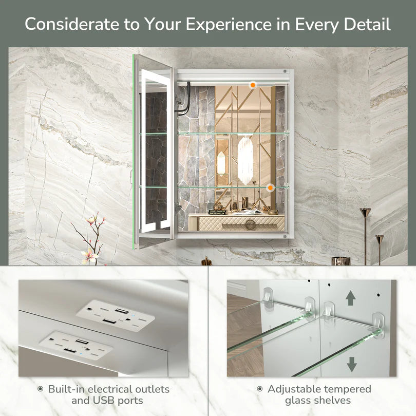 Recessed Medicine Cabinet with Lights 3 Colors Dimmable, Led Medicine Cabinet Mirror with Outlet and Defogger,2-Side Front Lit Bathroom Vanity,Restroom Mirror with Storage