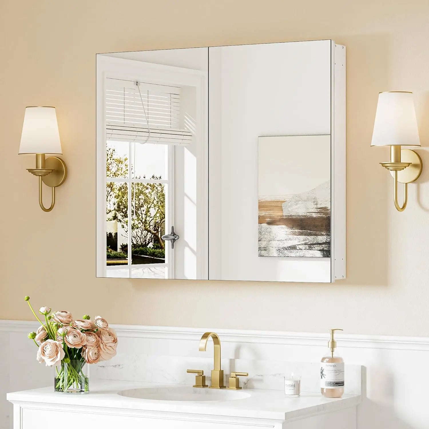 Medicine Cabinet Mirror with Storage – Tempered Glass, Aluminum Frame, Surface Mount or Recessed, Adjustable Shelves – Silver Bathroom Vanity Cabinet for Modern Farmhouse Decor