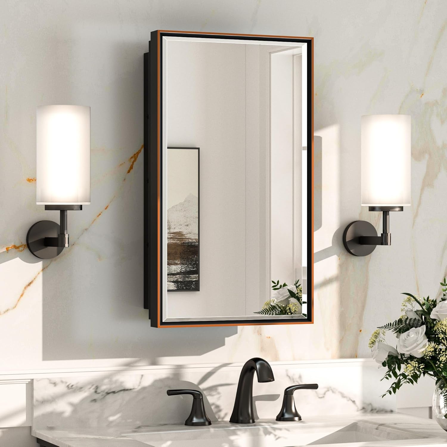 Wall Mounted Medicine Cabinet with Mirror – Aluminum Alloy Framed Bathroom Storage Cabinet with Beveled Mirrored Door, Modern Design for Vanity, Organized and Space-Saving Solution