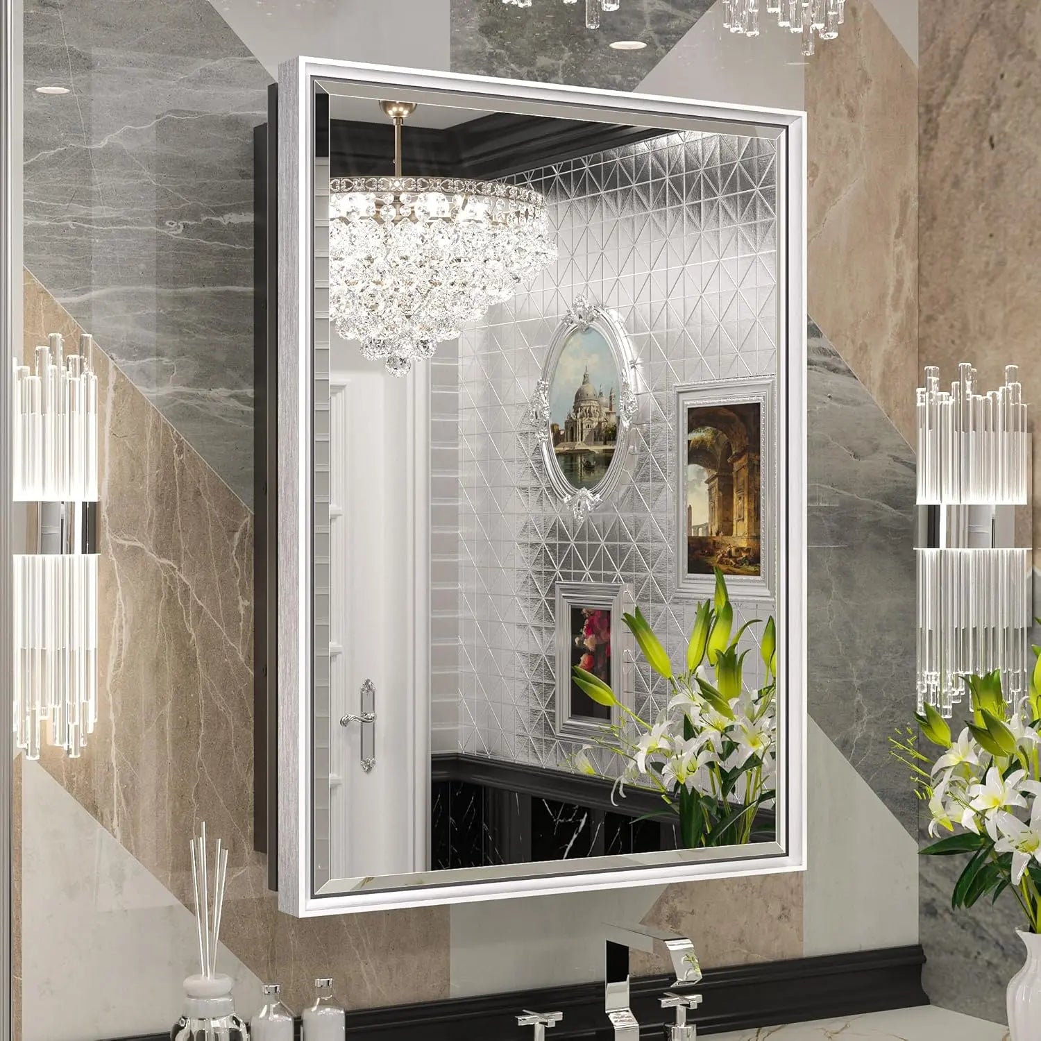 Wall Mounted Medicine Cabinet with Mirror – Aluminum Alloy Framed Bathroom Storage Cabinet with Beveled Mirrored Door, Modern Design for Vanity, Organized and Space-Saving Solution