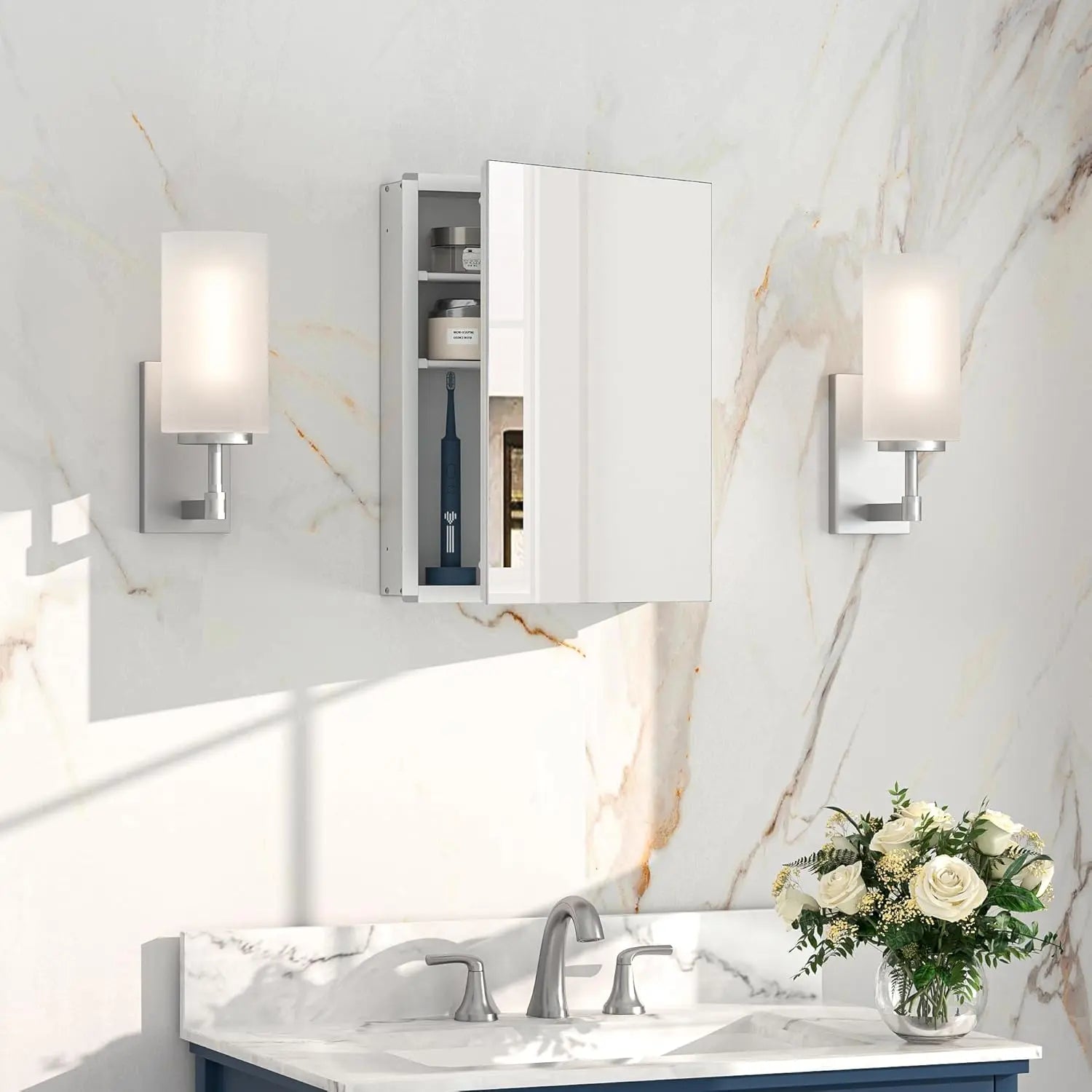 Medicine Cabinet Mirror with Storage – Tempered Glass, Aluminum Frame, Surface Mount or Recessed, Adjustable Shelves – Silver Bathroom Vanity Cabinet for Modern Farmhouse Decor