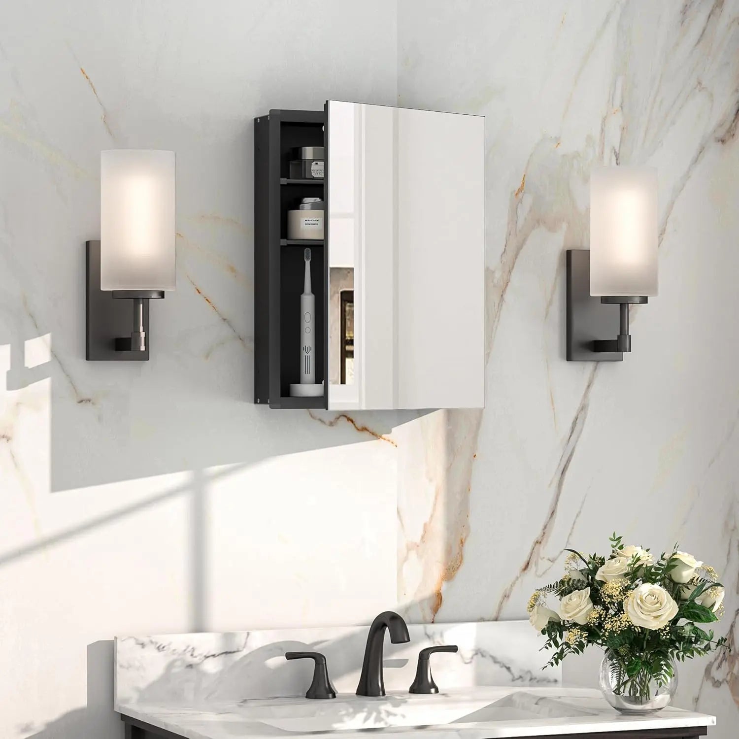 Medicine Cabinet Mirror with Storage – Tempered Glass, Aluminum Frame, Surface Mount or Recessed, Adjustable Shelves – Silver Bathroom Vanity Cabinet for Modern Farmhouse Decor