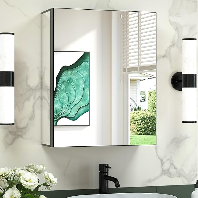 TokeShimi  Aluminum Medicine Cabinet with Mirror | Recessed or Surface Mount | Adjustable Tempered Glass Shelves | Modern Bathroom Storage Cabinet