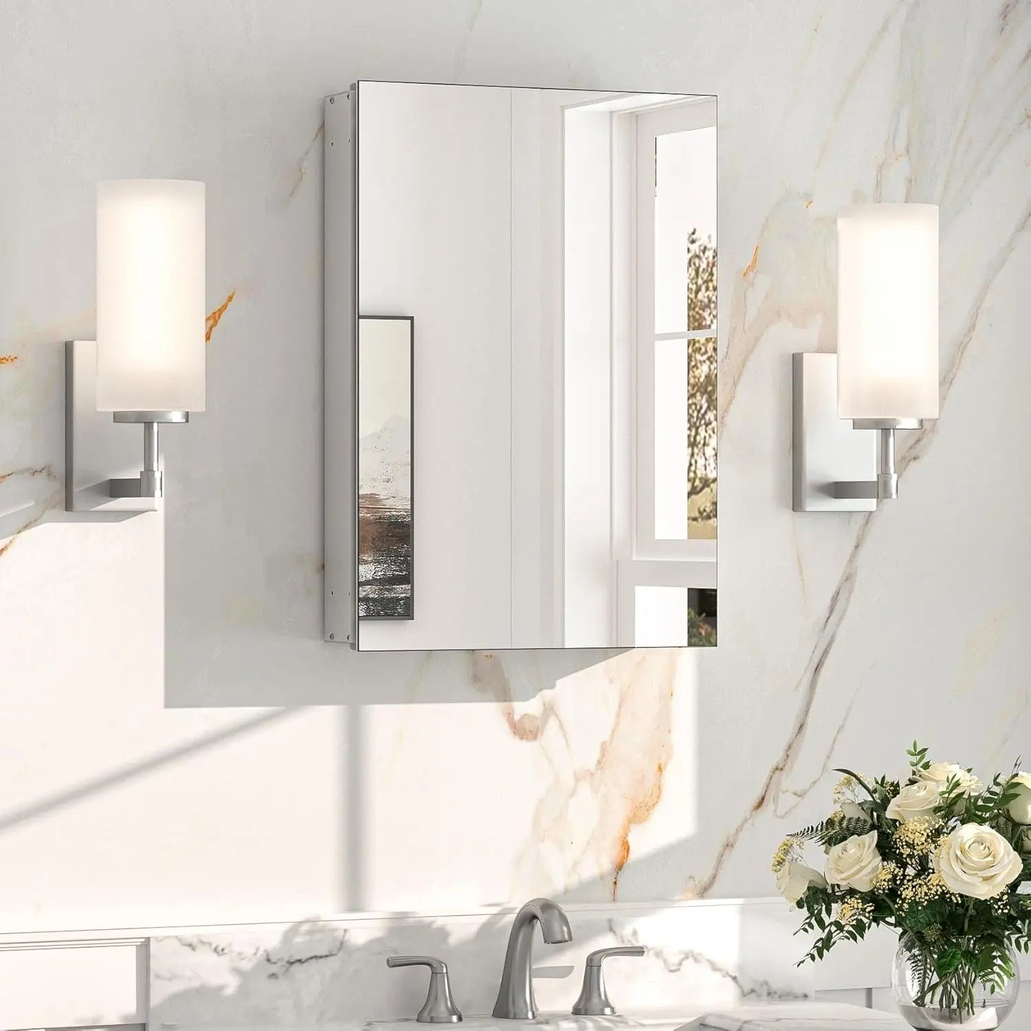 Medicine Cabinet Mirror with Storage – Tempered Glass, Aluminum Frame, Surface Mount or Recessed, Adjustable Shelves – Silver Bathroom Vanity Cabinet for Modern Farmhouse Decor