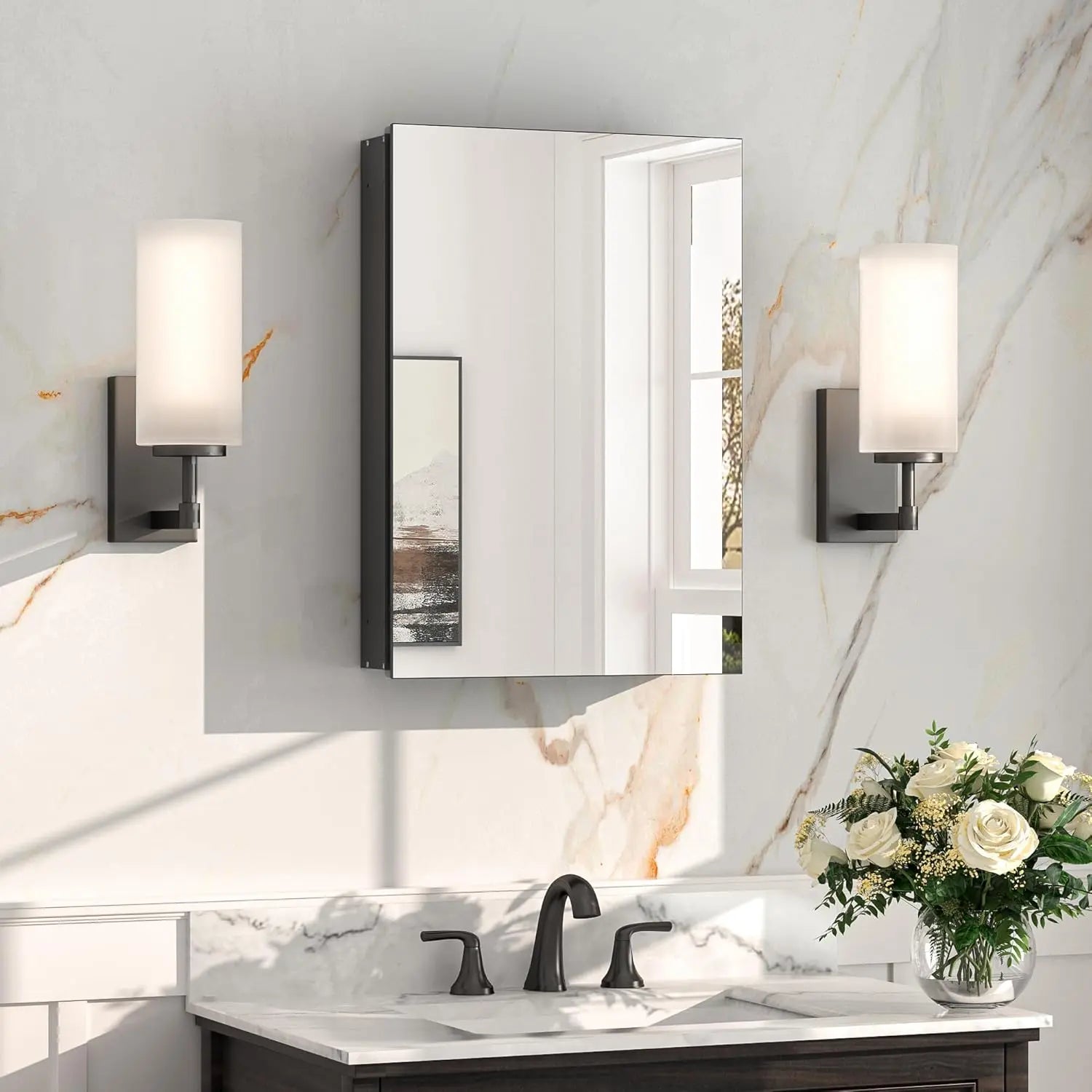 Medicine Cabinet Mirror with Storage – Tempered Glass, Aluminum Frame, Surface Mount or Recessed, Adjustable Shelves – Silver Bathroom Vanity Cabinet for Modern Farmhouse Decor