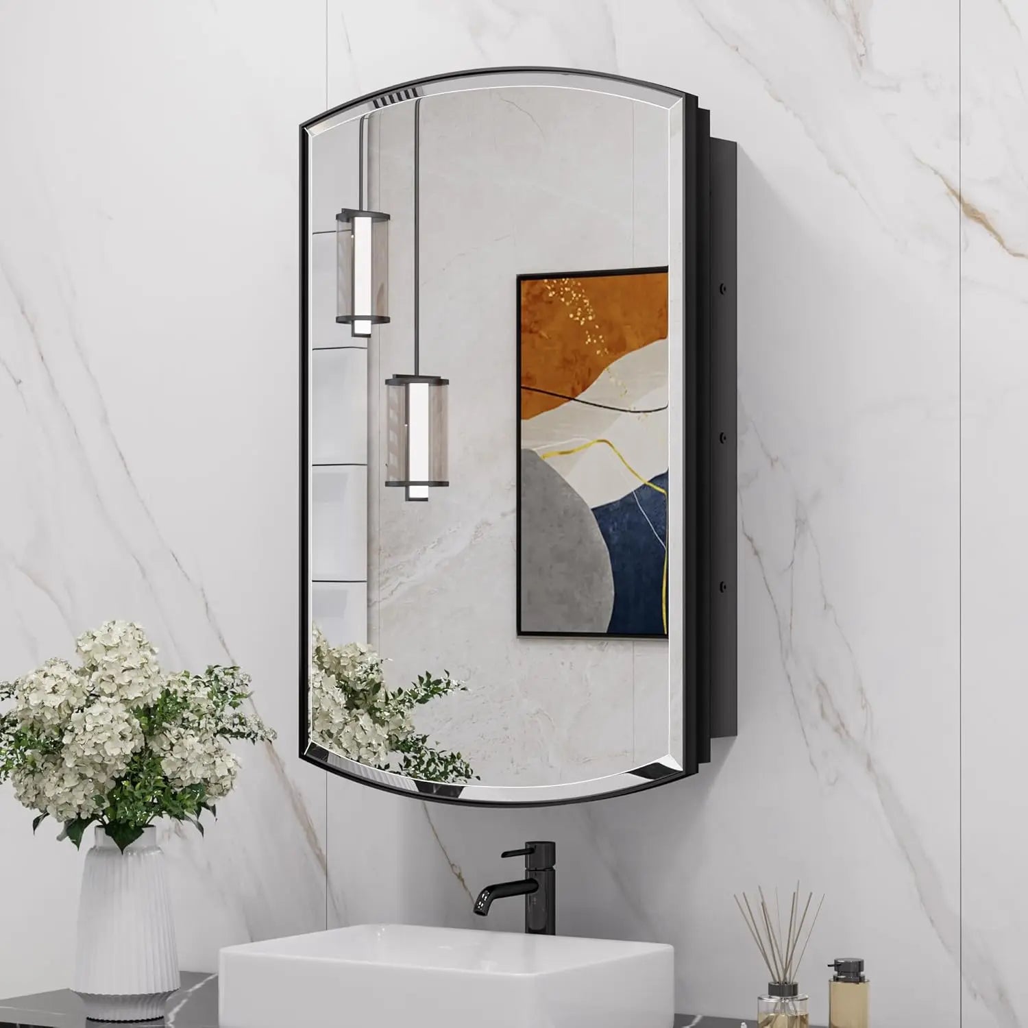 Bathroom Vanity Medicine Cabinet with Beveled Mirror – White Arched Design, Recessed or Wall Mount, Modern Metal Frame Storage Cabinet with Mirrored Door for Stylish and Functional Vanity Use