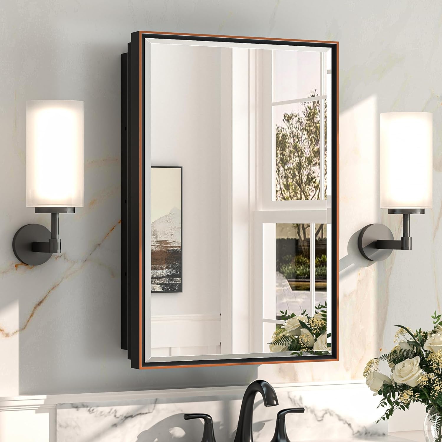 Wall Mounted Medicine Cabinet with Mirror – Aluminum Alloy Framed Bathroom Storage Cabinet with Beveled Mirrored Door, Modern Design for Vanity, Organized and Space-Saving Solution