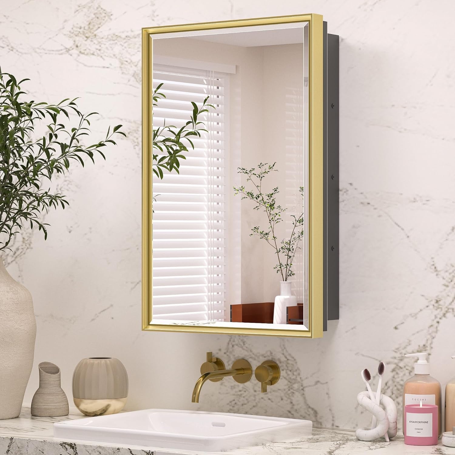 Wall Mounted Medicine Cabinet with Mirror – Aluminum Alloy Framed Bathroom Storage Cabinet with Beveled Mirrored Door, Modern Design for Vanity, Organized and Space-Saving Solution