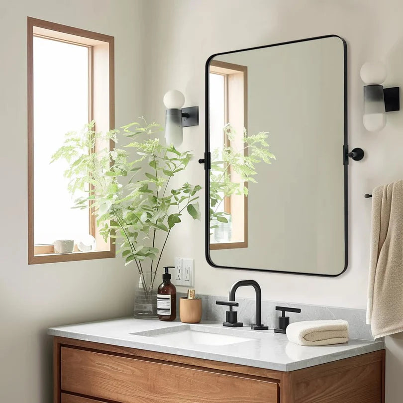 Pivot Rectangular Vanity Mirror – Metal Framed Wall Mirror with Beveled Edges and Rounded Corners, Modern Farmhouse Style, Adjustable Design, Horizontal or Vertical Mount