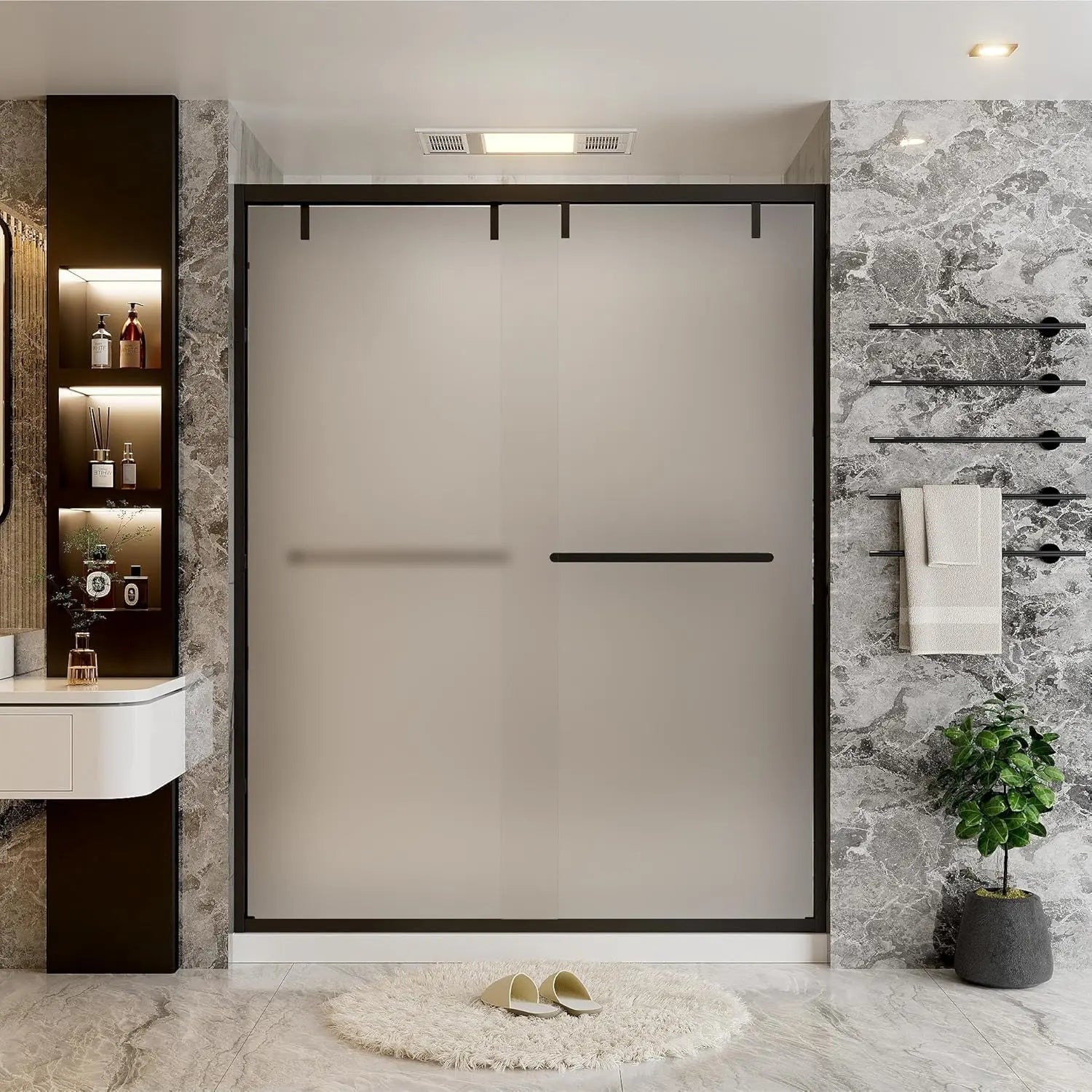 Double Sliding Semi-Frameless Glass Shower Door – Modern Bathroom Entry with Smooth Rollers, Clear Tempered Glass Panels, Reversible Design, Space-Saving and Easy to Install