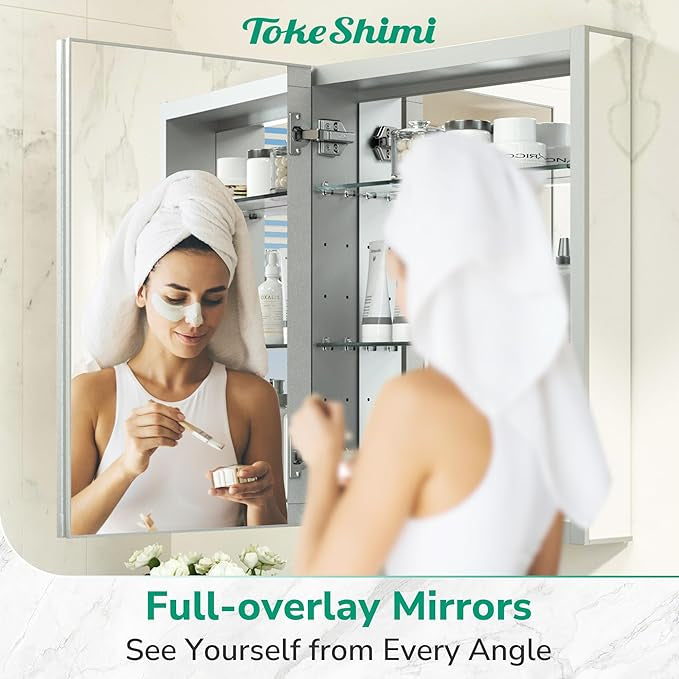 TokeShimi  Aluminum Medicine Cabinet with Mirror | Recessed or Surface Mount | Adjustable Tempered Glass Shelves | Modern Bathroom Storage Cabinet