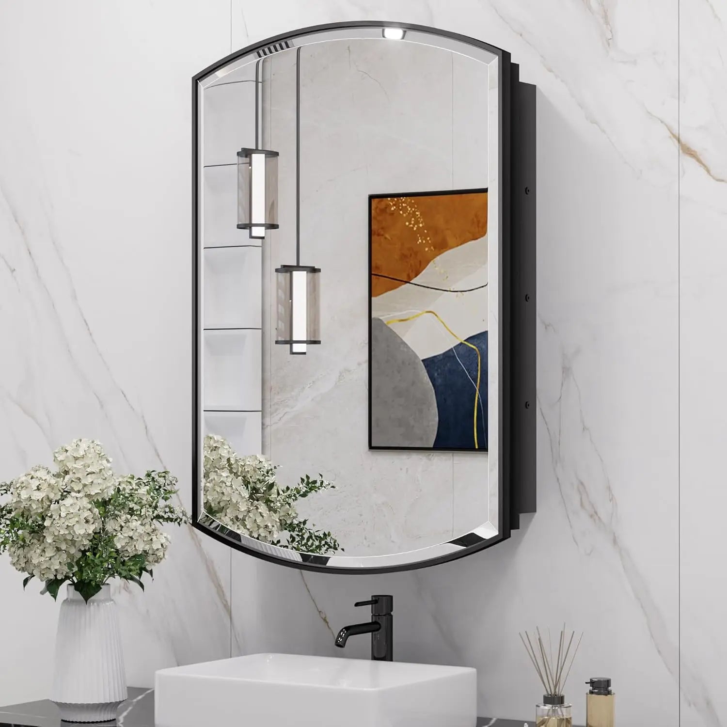 Bathroom Vanity Medicine Cabinet with Beveled Mirror – White Arched Design, Recessed or Wall Mount, Modern Metal Frame Storage Cabinet with Mirrored Door for Stylish and Functional Vanity Use