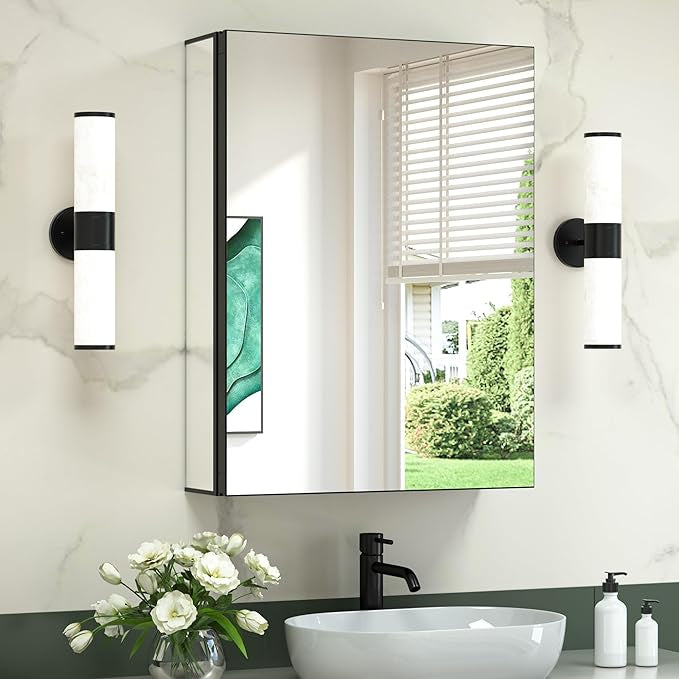 TokeShimi  Aluminum Medicine Cabinet with Mirror | Recessed or Surface Mount | Adjustable Tempered Glass Shelves | Modern Bathroom Storage Cabinet