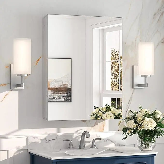 Medicine Cabinet Mirror with Storage – Tempered Glass, Aluminum Frame, Surface Mount or Recessed, Adjustable Shelves – Silver Bathroom Vanity Cabinet for Modern Farmhouse Decor