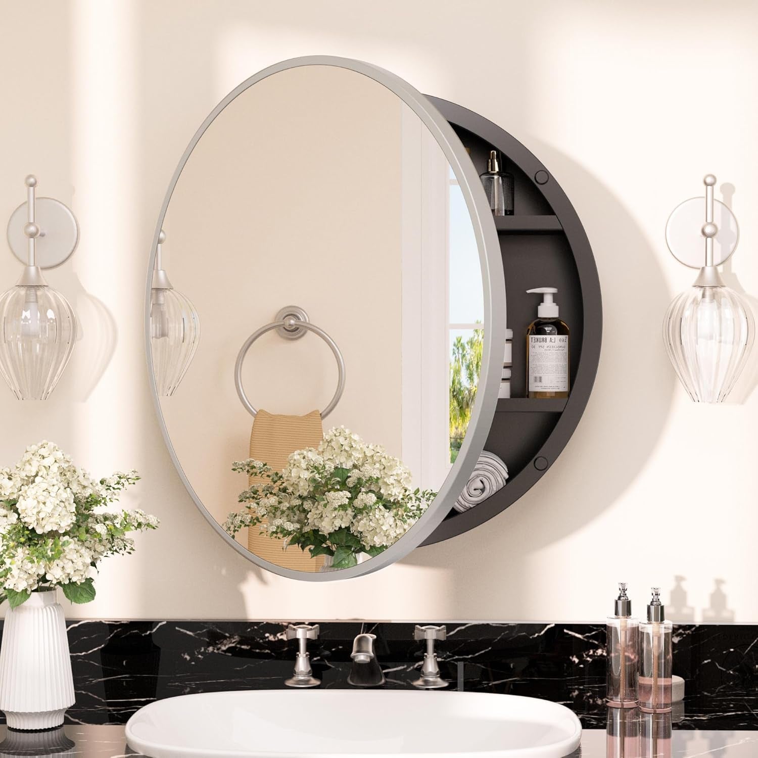 Round Bathroom Medicine Cabinet with Mirror Surface Mount Only Circular Metal Framed Farmhouse Black Medicine Cabinets for Wall Small Circle Mirrored Bath Cabinet with Vanity Mirror
