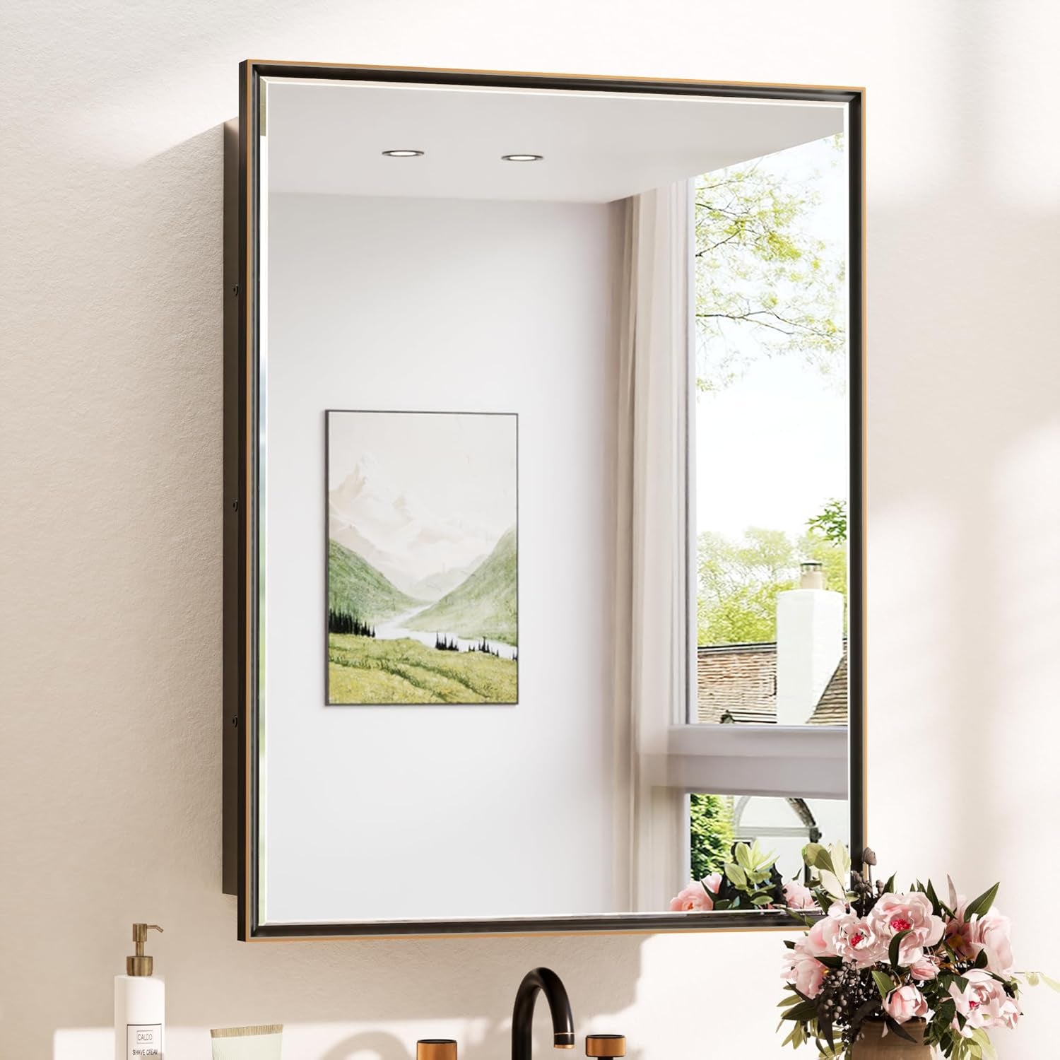 Wall Mounted Medicine Cabinet with Mirror – Aluminum Alloy Framed Bathroom Storage Cabinet with Beveled Mirrored Door, Modern Design for Vanity, Organized and Space-Saving Solution
