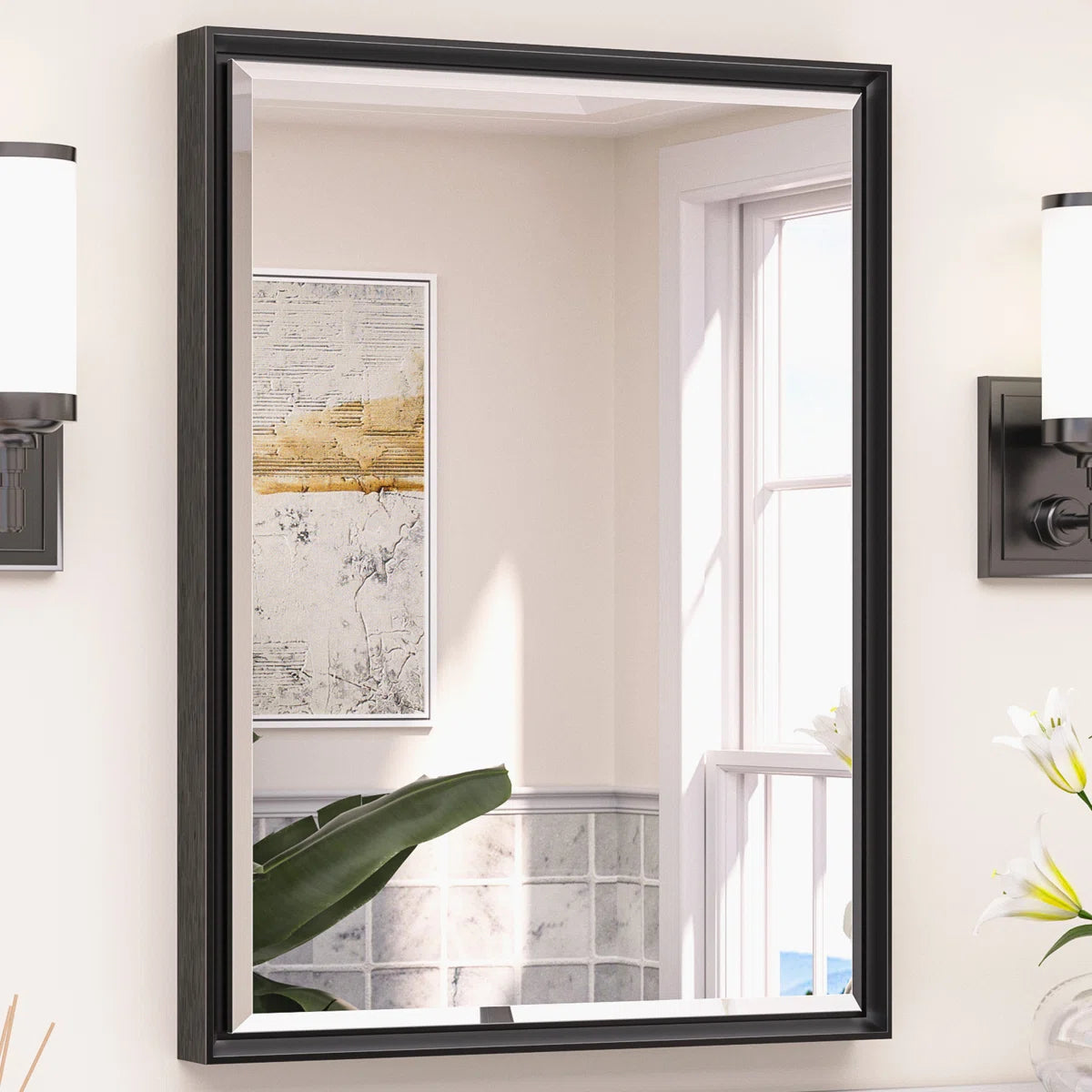 Rectangular Framed Bathroom Vanity Mirror – Beveled Edge Wall Mirror, Elegant and Durable Design for Bathroom, Entryway, or Bedroom Wall Decor