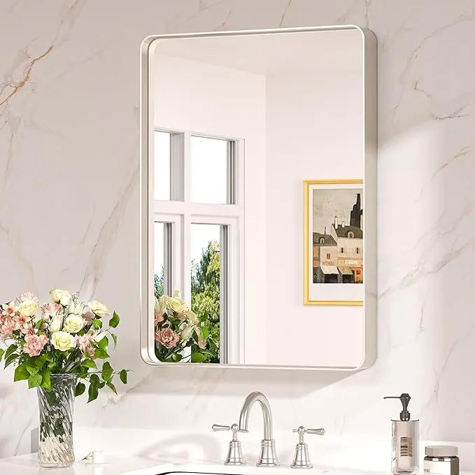 Bathroom Vanity Mirror with Brushed Gold Aluminum Frame – HD Tempered Glass Wall Mirror for Over Sink, Modern Design, Horizontal or Vertical Mount for Bathroom, Entryway, or Bedroom