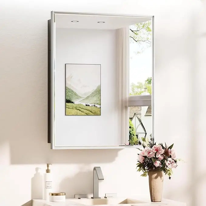 Wall Mounted Medicine Cabinet with Mirror – Aluminum Alloy Framed Bathroom Storage Cabinet with Beveled Mirrored Door, Modern Design for Vanity, Organized and Space-Saving Solution