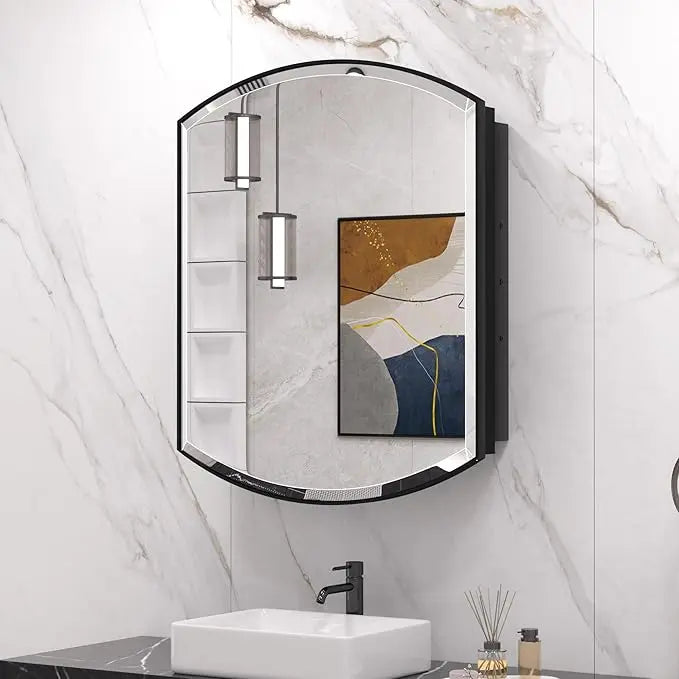 Bathroom Vanity Medicine Cabinet with Beveled Mirror – White Arched Design, Recessed or Wall Mount, Modern Metal Frame Storage Cabinet with Mirrored Door for Stylish and Functional Vanity Use
