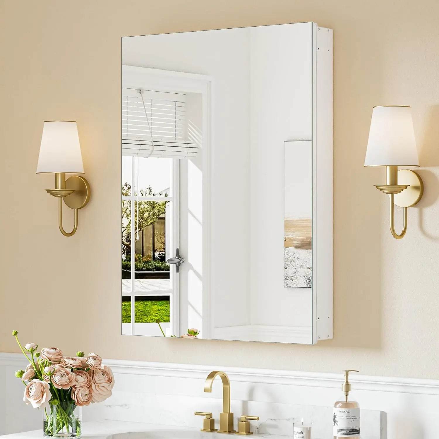 Medicine Cabinet Mirror with Storage – Tempered Glass, Aluminum Frame, Surface Mount or Recessed, Adjustable Shelves – Silver Bathroom Vanity Cabinet for Modern Farmhouse Decor