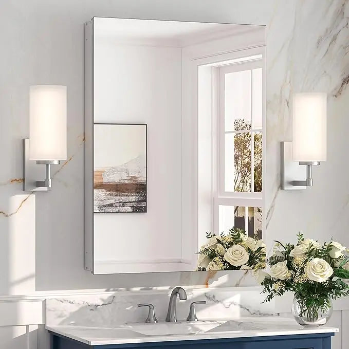 Medicine Cabinet Mirror with Storage – Tempered Glass, Aluminum Frame, Surface Mount or Recessed, Adjustable Shelves – Silver Bathroom Vanity Cabinet for Modern Farmhouse Decor