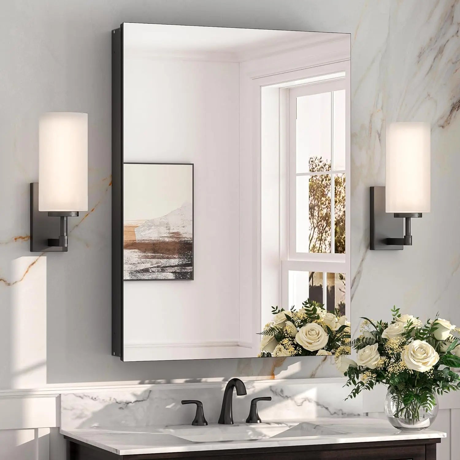 Medicine Cabinet Mirror with Storage – Tempered Glass, Aluminum Frame, Surface Mount or Recessed, Adjustable Shelves – Silver Bathroom Vanity Cabinet for Modern Farmhouse Decor