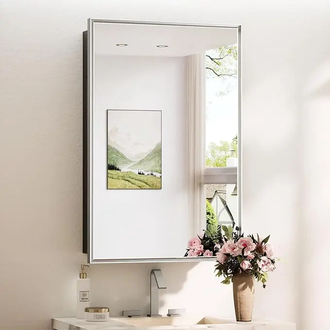 Wall Mounted Medicine Cabinet with Mirror – Aluminum Alloy Framed Bathroom Storage Cabinet with Beveled Mirrored Door, Modern Design for Vanity, Organized and Space-Saving Solution