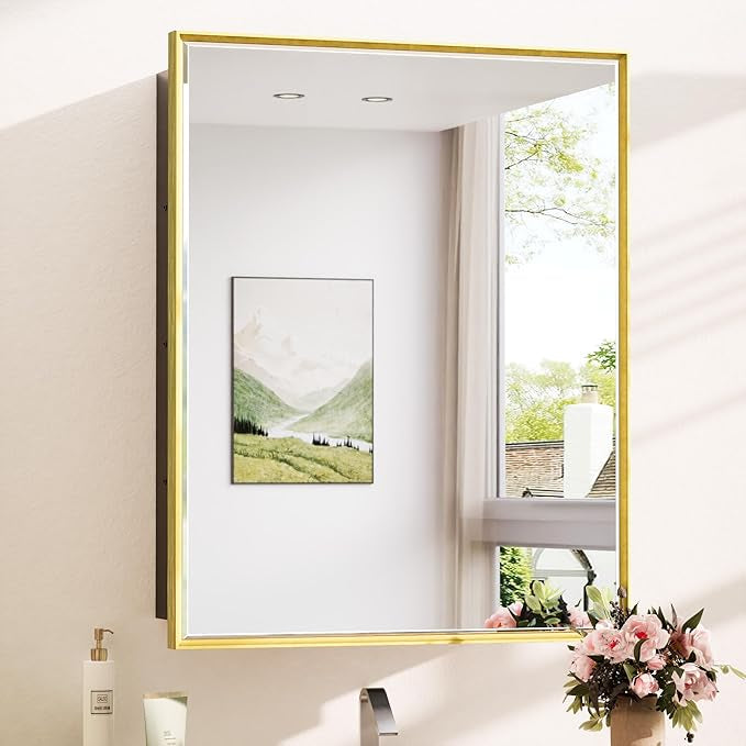 Wall Mounted Medicine Cabinet with Mirror – Aluminum Alloy Framed Bathroom Storage Cabinet with Beveled Mirrored Door, Modern Design for Vanity, Organized and Space-Saving Solution