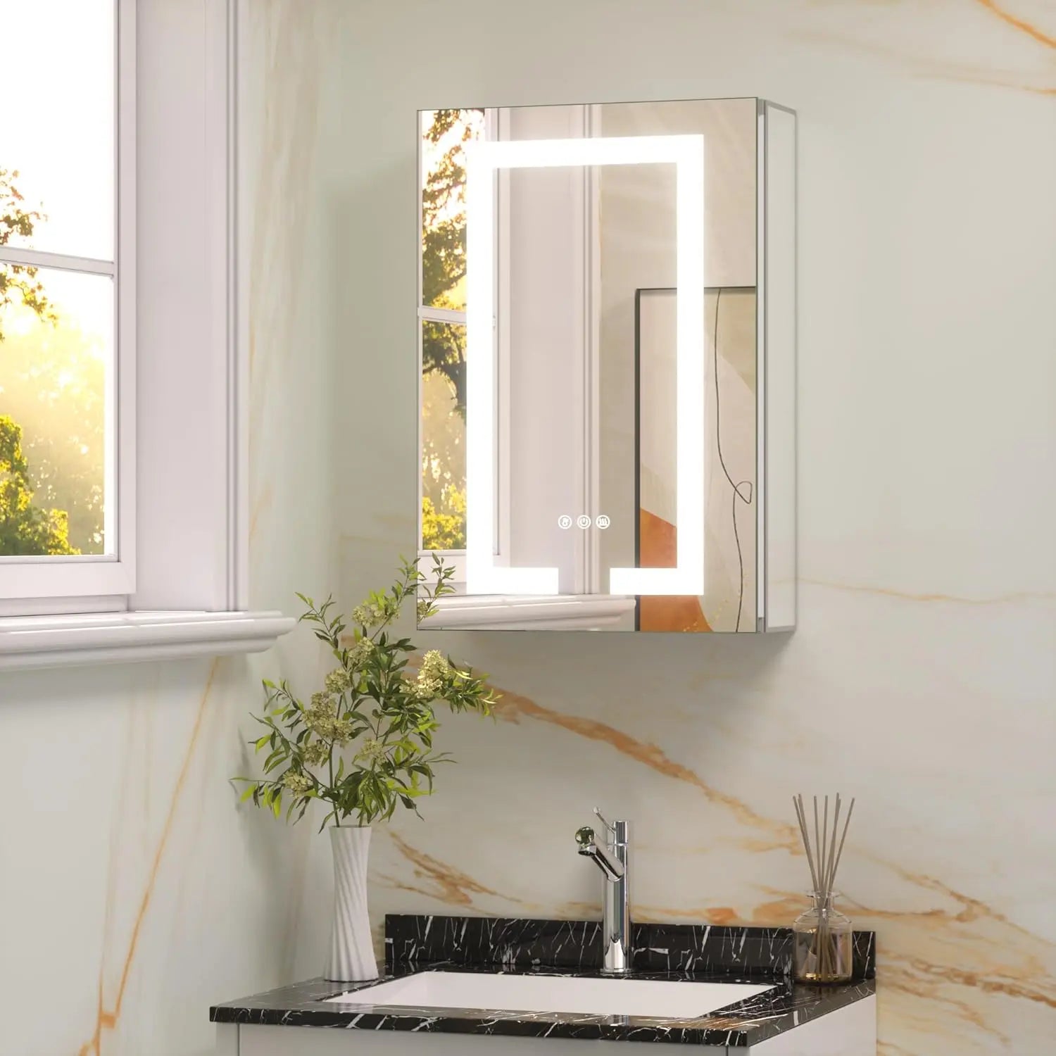 Recessed Medicine Cabinet with Lights 3 Colors Dimmable, Led Medicine Cabinet Mirror with Outlet and Defogger,2-Side Front Lit Bathroom Vanity,Restroom Mirror with Storage