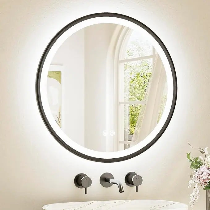 Round LED Mirror, Metal Framed Round Circle Lighted Bathroom Vanity Mirror Wall Mounted, Front and Backlit 3 Color Stepless Dimmable Anti Fog, Shatterproof, CRI 90+