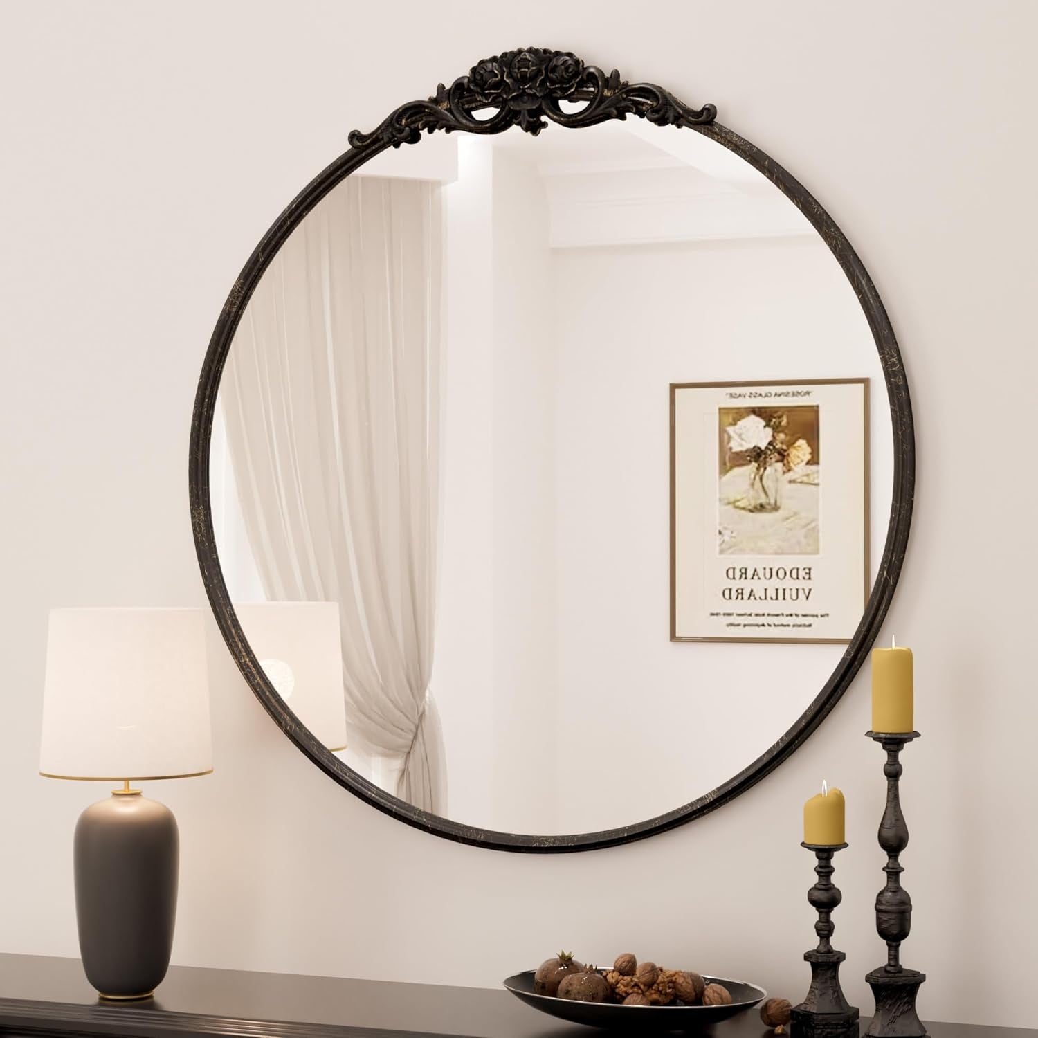 Vintage Gold Round Mirror with Metal Frame – Antique Wall-Mounted Vanity Mirror for Bedroom, Bathroom, or Fireplace, Baroque Style with French Cleat Mounting for Elegant Home Décor