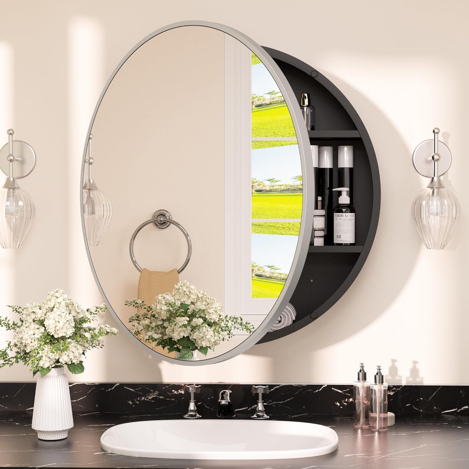 Round Bathroom Medicine Cabinet with Mirror Surface Mount Only Circular Metal Framed Farmhouse Black Medicine Cabinets for Wall Small Circle Mirrored Bath Cabinet with Vanity Mirror
