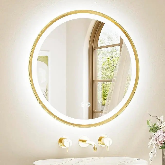 Round LED Mirror, Metal Framed Round Circle Lighted Bathroom Vanity Mirror Wall Mounted, Front and Backlit 3 Color Stepless Dimmable Anti Fog, Shatterproof, CRI 90+