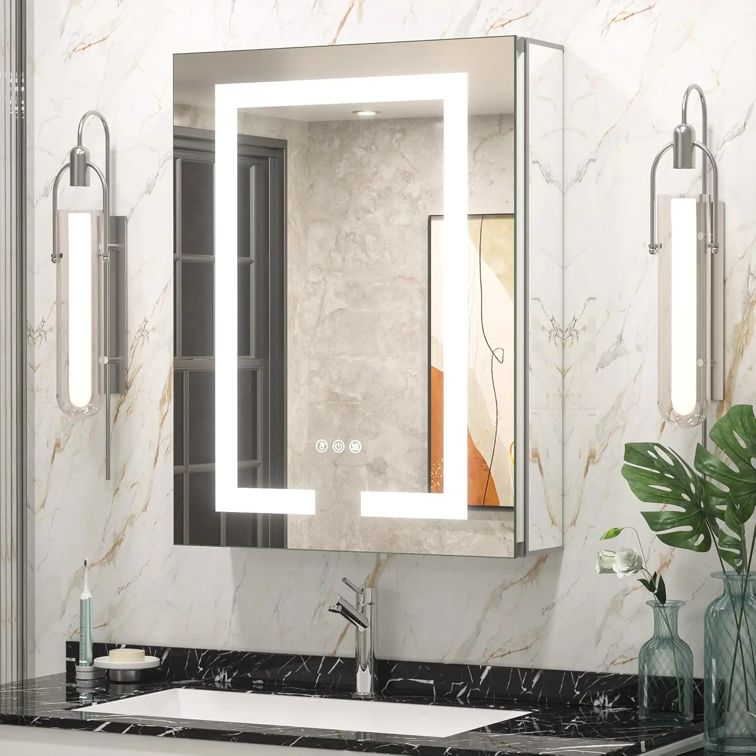 Recessed Medicine Cabinet with Lights 3 Colors Dimmable, Led Medicine Cabinet Mirror with Outlet and Defogger,2-Side Front Lit Bathroom Vanity,Restroom Mirror with Storage