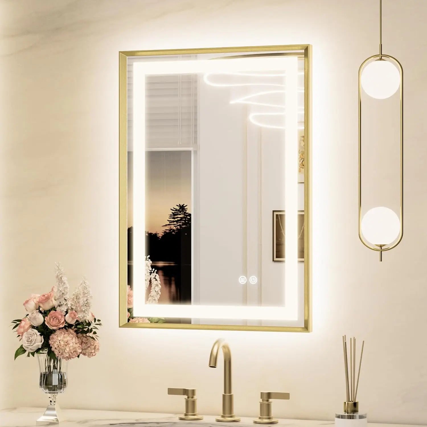 Bathroom Vanity LED Mirror  Frame Frontlit & Backlit Vanity Mirror Anti-Fog Stepless Dimmable 3 Colors White/Warm/Natural Mirror with Lights Wall-Mounted
