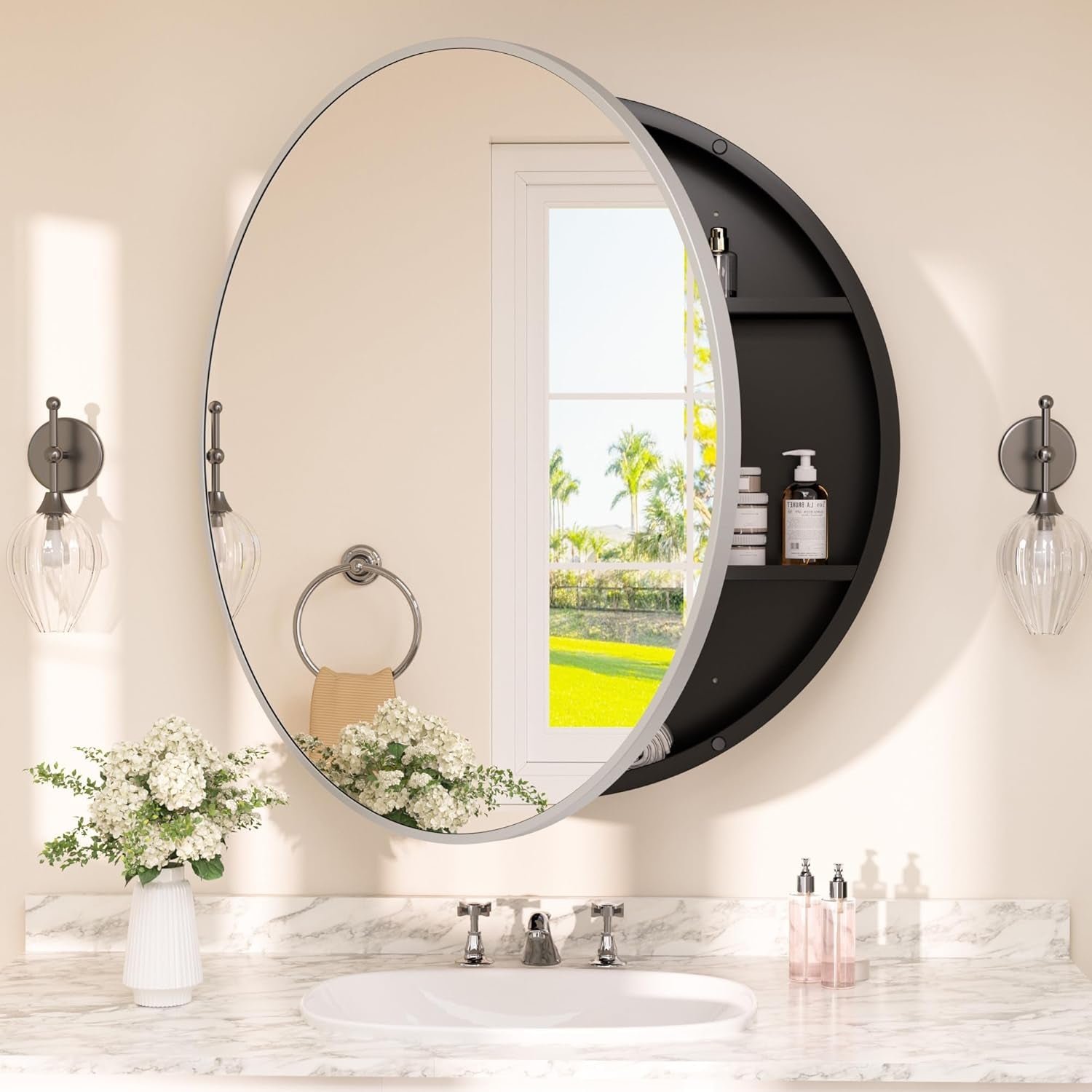 Round Bathroom Medicine Cabinet with Mirror Surface Mount Only Circular Metal Framed Farmhouse Black Medicine Cabinets for Wall Small Circle Mirrored Bath Cabinet with Vanity Mirror