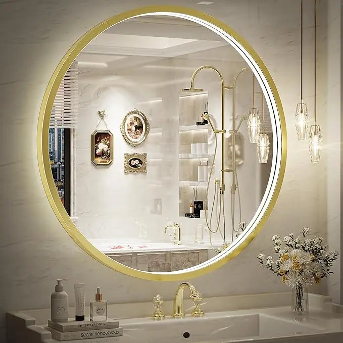 Round LED Mirror for Bathroom, Restroom and Vanity with Lights 3000K/4500K/6000K, Metal Framed Frontlighted Vanity Mirror Wall Mounted, Dimmable Makeup Mirror Touch Switch UL Listed CRI≥90