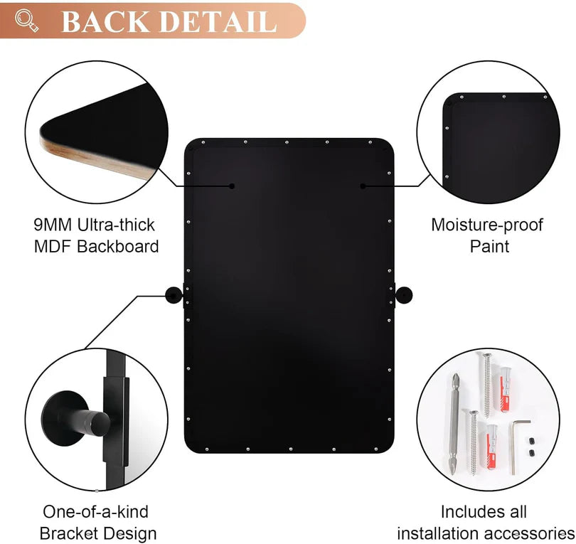 Pivot Rectangular Vanity Mirror – Metal Framed Wall Mirror with Beveled Edges and Rounded Corners, Modern Farmhouse Style, Adjustable Design, Horizontal or Vertical Mount