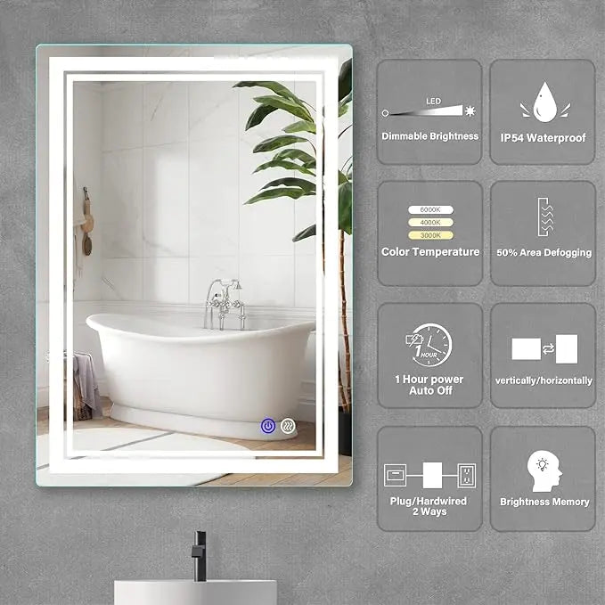 Rectangular Frameless LED Bathroom Vanity Mirror – Wall Mounted, Anti-Fog, Dimmable Bright Light with 3 Color Modes, Modern Lighted Mirror for Stylish and Functional Bathroom Decor