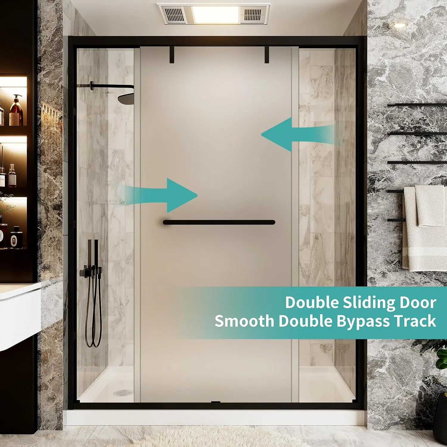 Double Sliding Semi-Frameless Glass Shower Door – Modern Bathroom Entry with Smooth Rollers, Clear Tempered Glass Panels, Reversible Design, Space-Saving and Easy to Install