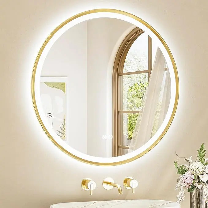 Round LED Mirror, Metal Framed Round Circle Lighted Bathroom Vanity Mirror Wall Mounted, Front and Backlit 3 Color Stepless Dimmable Anti Fog, Shatterproof, CRI 90+