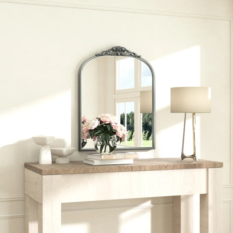 Vintage Arched Mirror – Ornate Baroque Decorative Wall Mirror for Bathroom, Mantle, Entryway, or Living Room, Antique Brass Finish with French Cleat Mounting for Easy Installation