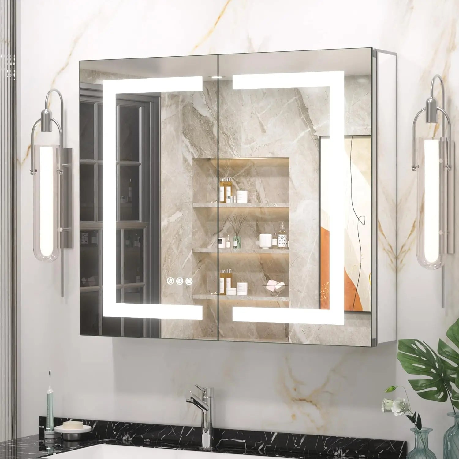 Recessed Medicine Cabinet with Lights 3 Colors Dimmable, Led Medicine Cabinet Mirror with Outlet and Defogger,2-Side Front Lit Bathroom Vanity,Restroom Mirror with Storage