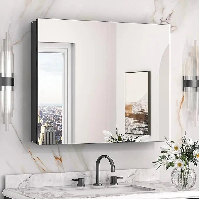 Medicine Cabinet Mirror with Storage – Tempered Glass, Aluminum Frame, Surface Mount or Recessed, Adjustable Shelves – Silver Bathroom Vanity Cabinet for Modern Farmhouse Decor