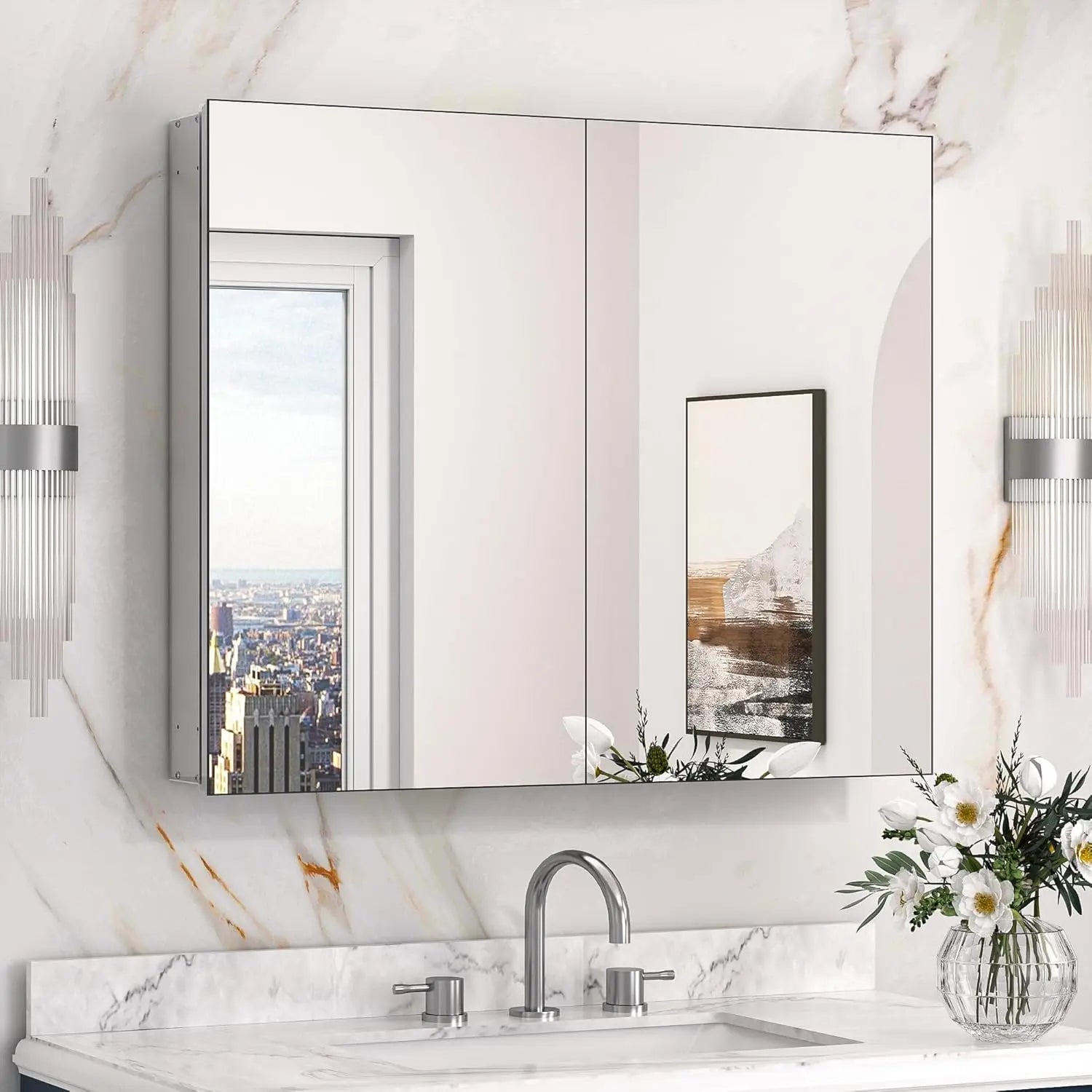 Medicine Cabinet Mirror with Storage – Tempered Glass, Aluminum Frame, Surface Mount or Recessed, Adjustable Shelves – Silver Bathroom Vanity Cabinet for Modern Farmhouse Decor