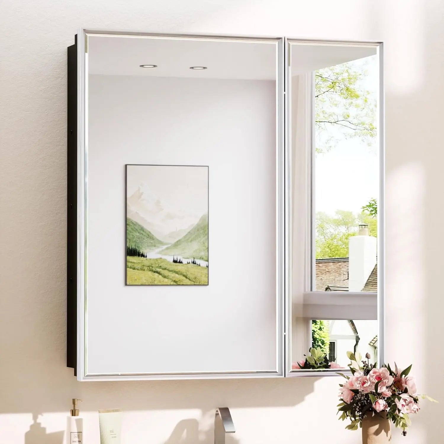 Wall Mounted Medicine Cabinet with Mirror – Aluminum Alloy Framed Bathroom Storage Cabinet with Beveled Mirrored Door, Modern Design for Vanity, Organized and Space-Saving Solution
