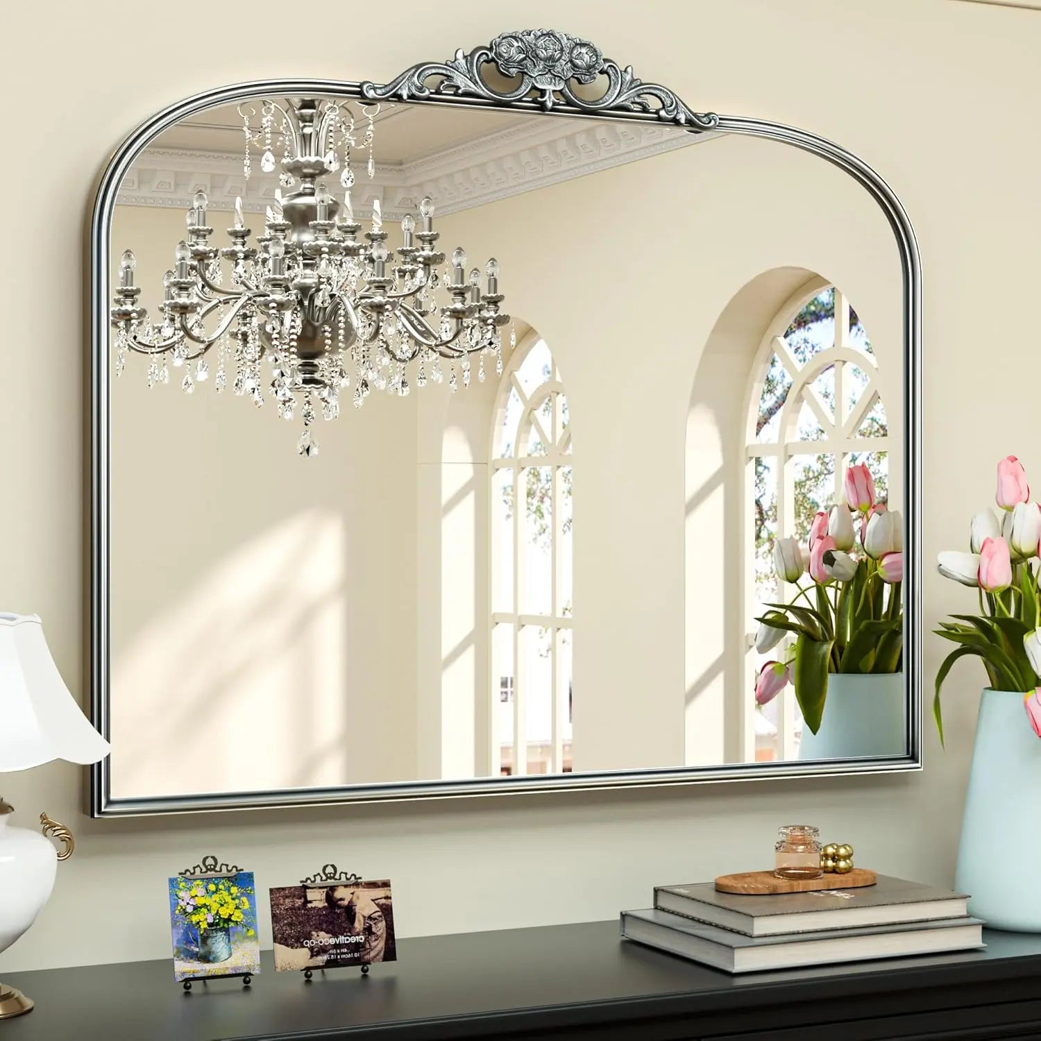 Vintage Arched Mirror – Ornate Baroque Decorative Wall Mirror for Bathroom, Mantle, Entryway, or Living Room, Antique Brass Finish with French Cleat Mounting for Easy Installation