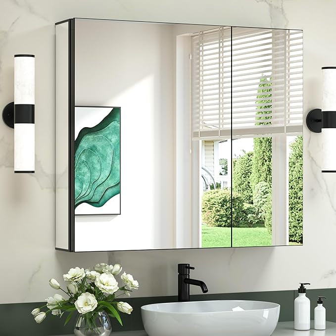 TokeShimi  Aluminum Medicine Cabinet with Mirror | Recessed or Surface Mount | Adjustable Tempered Glass Shelves | Modern Bathroom Storage Cabinet